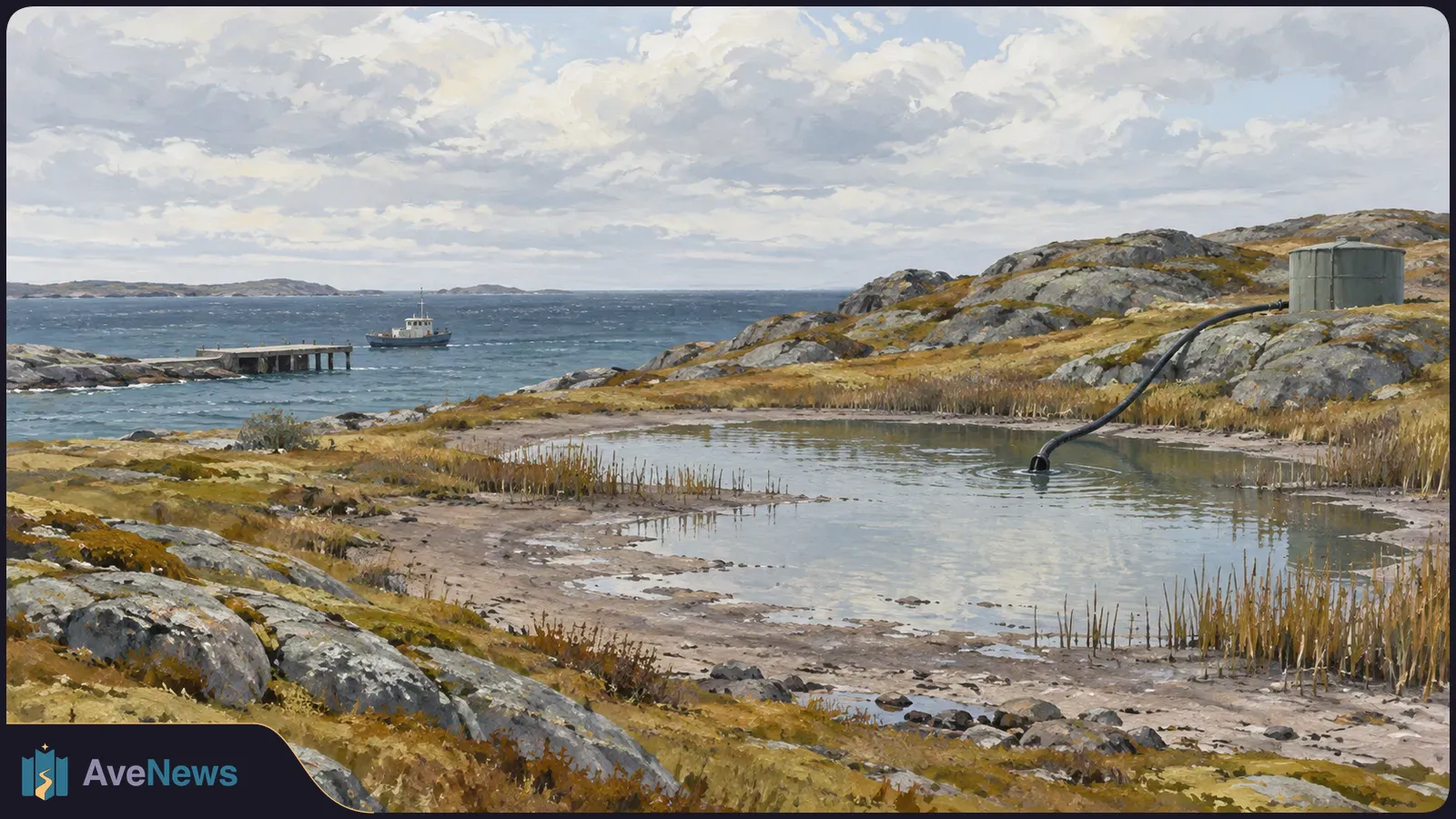 A painted rocky coastline with a pond in the foreground. A hose runs from a tank into the pond, while a small boat floats near a pier offshore. SI illustration
