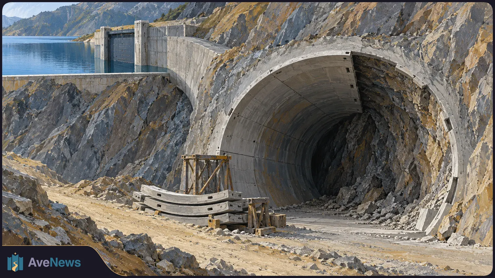 Illustration of a large concrete tunnel entrance cut into a rocky mountainside, with stacked concrete segments and a dirt road in front; a reservoir and concrete structure sit behind it. SI illustration