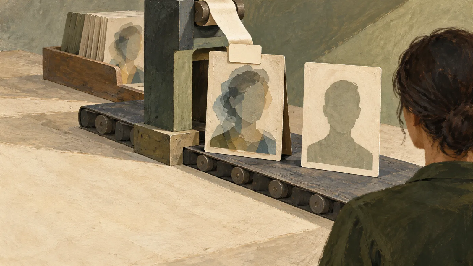 A person viewed from behind looks at faceless portrait cards on a conveyor belt beside a machine, with more cards stacked in a wooden tray. SI illustration