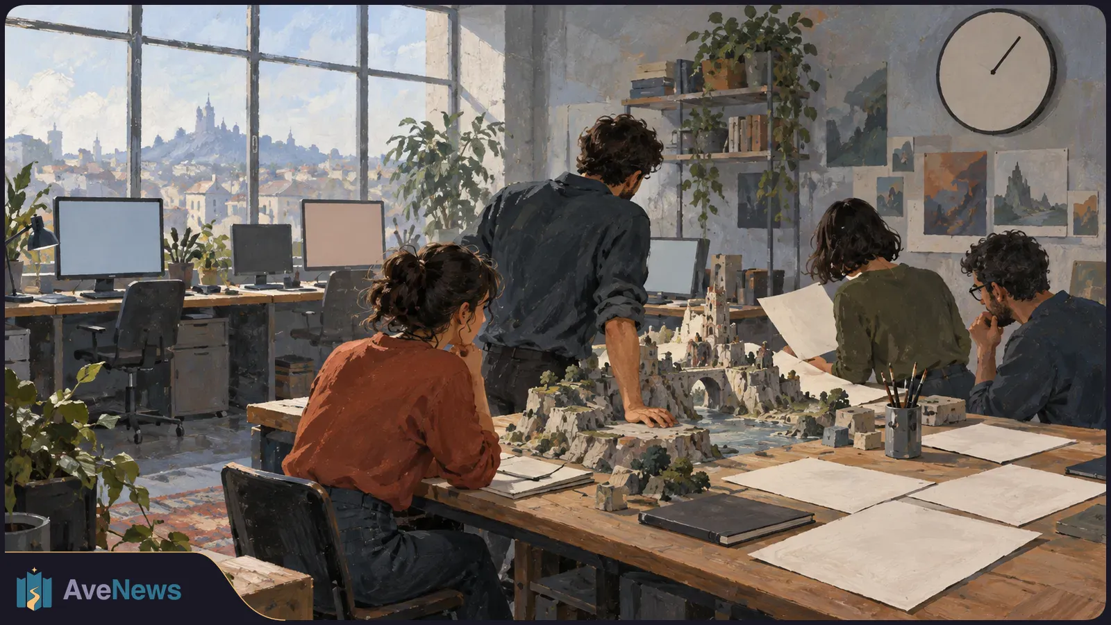 Four people gather around a miniature landscape on a table in a sunlit studio, with sketches, computers and a city view. SI illustration