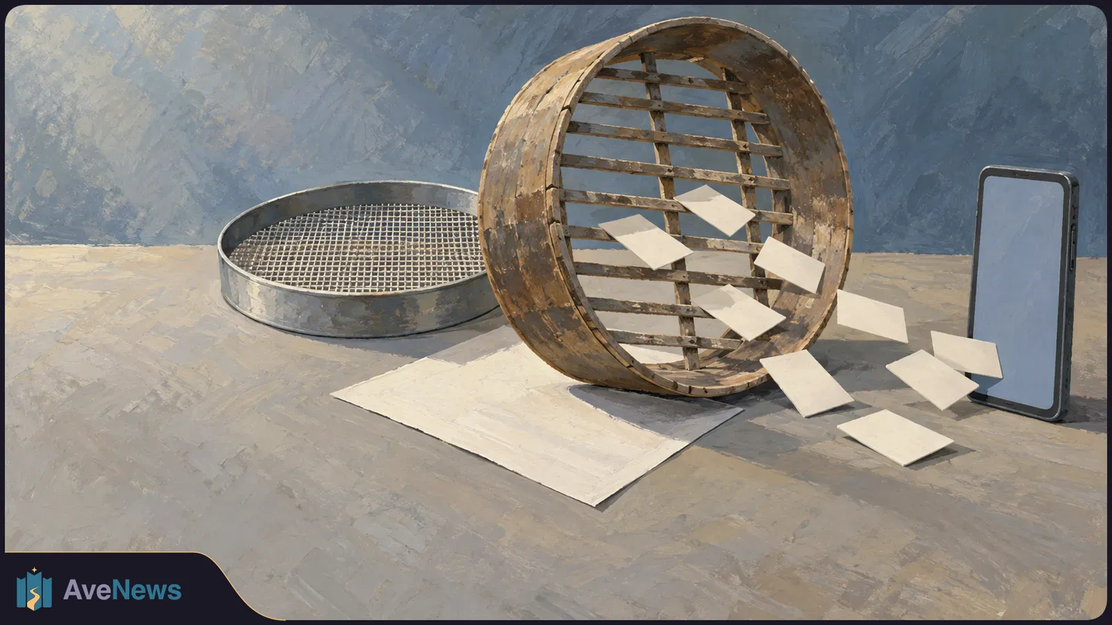 Painted illustration of a wooden sieve, blank paper sheets drifting through it, and a phone with a blank screen beside it. SI illustration