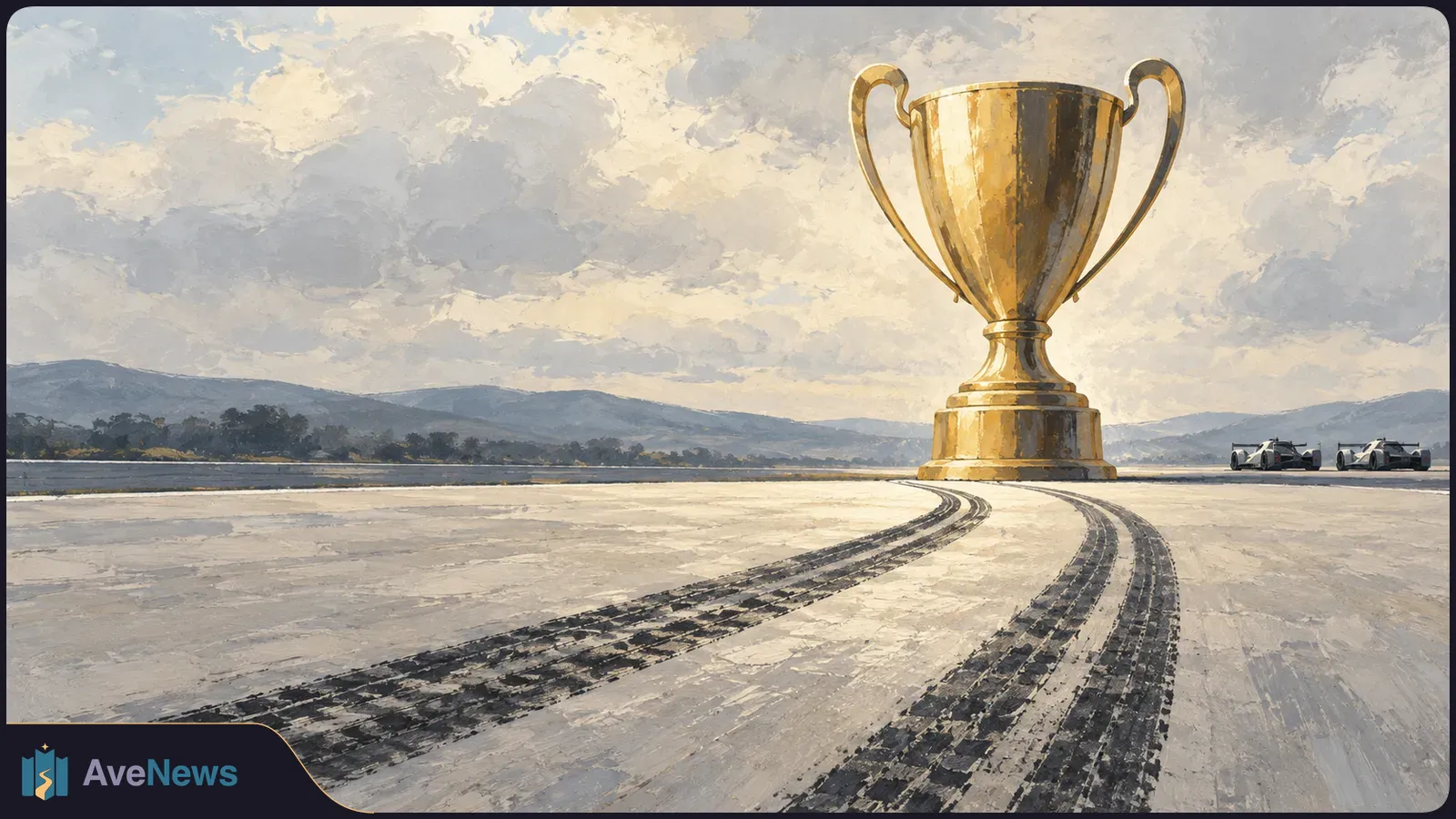 Painterly illustration of a large gold trophy on a racetrack, with curved tire marks leading toward it, two race cars at right, and cloudy hills behind. SI illustration