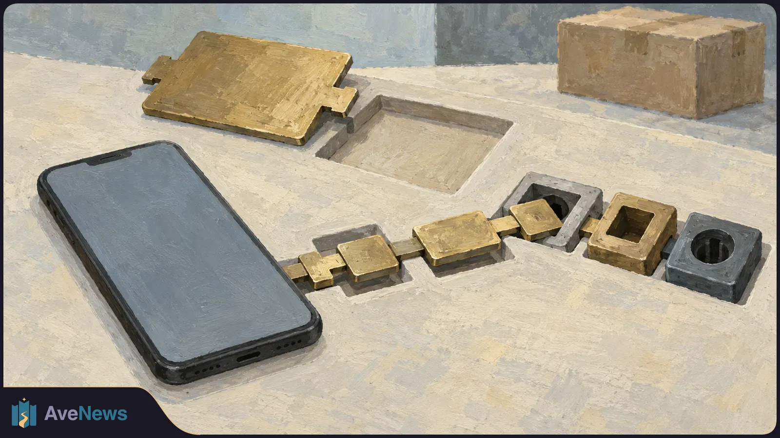Painted illustration of a blank-screen smartphone beside a row of connected gold blocks and square sockets on a pale tabletop, with a lid and cardboard box behind them. SI illustration
