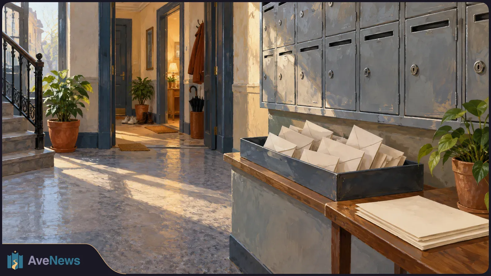 A painted apartment entry hall with rows of gray mailboxes, a tray of unmarked envelopes, and more envelopes on a table beside potted plants. SI illustration