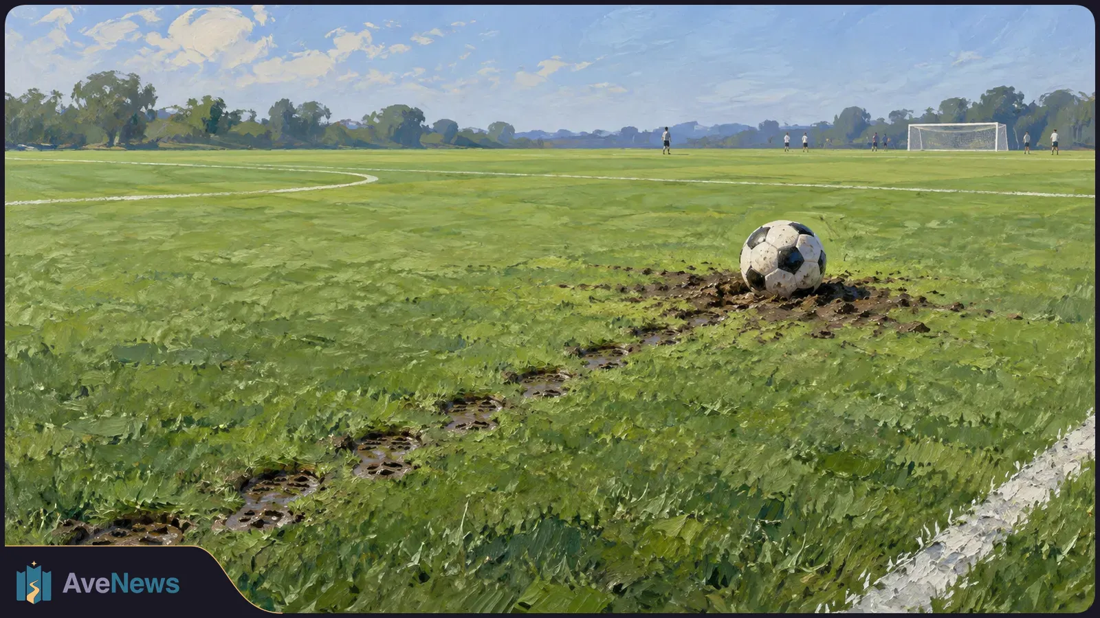 Painted view of a soccer ball beside a muddy track on a grassy field, with a goal and small players in the distance under a blue sky. SI illustration