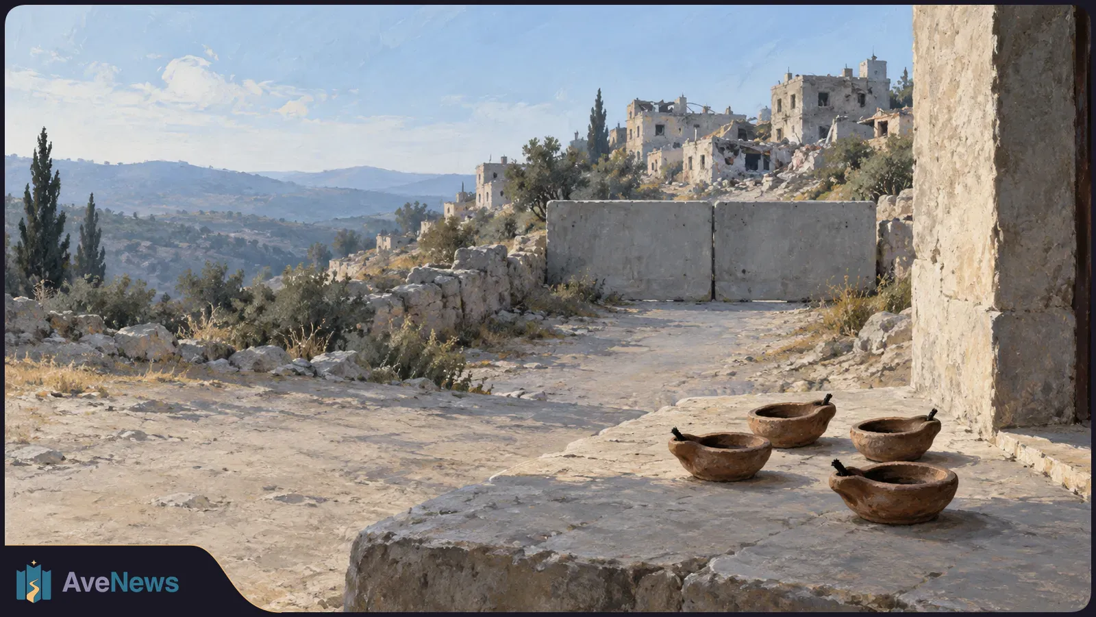 A painted hillside scene with damaged stone buildings, two concrete barriers across a dirt road, and four small brown bowls on a stone ledge. SI illustration