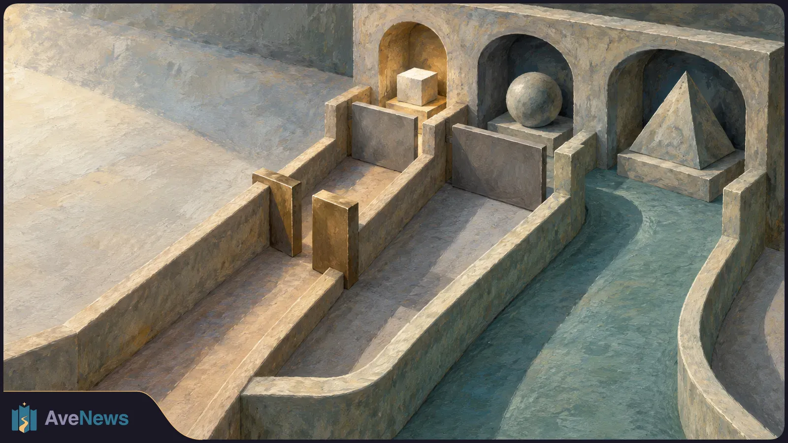 Painterly stone maze with a cube, sphere and pyramid in three arched bays. Stone slabs block two paths; the path to the pyramid remains open. SI illustration