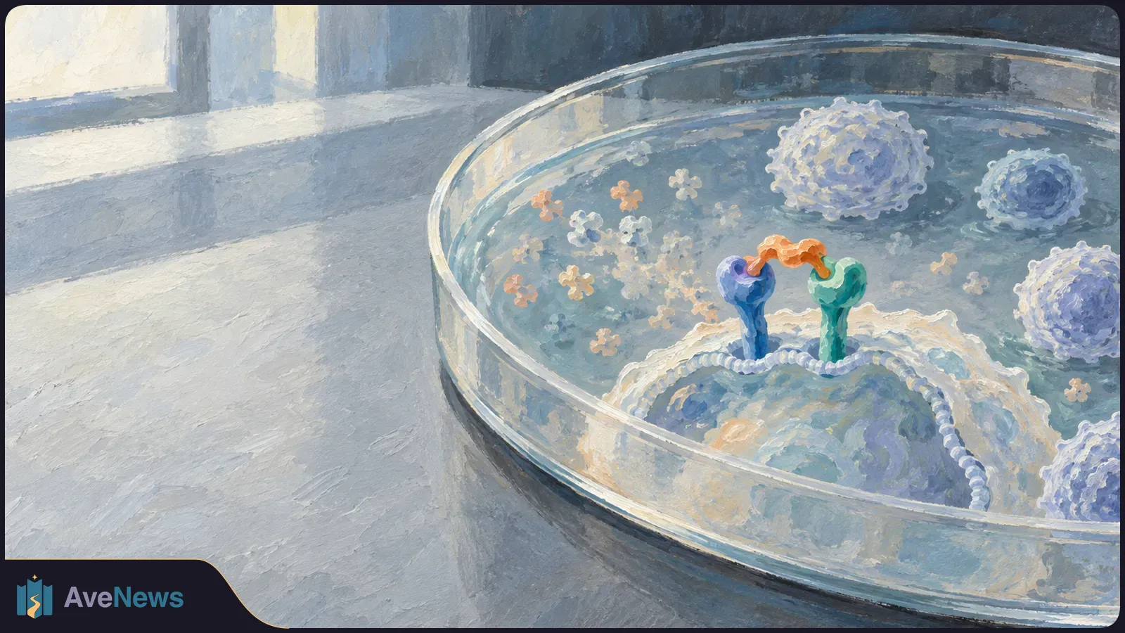 Painted illustration of a shallow laboratory dish with pale cells and small floating shapes; two colored structures on one cell are joined by an orange bridge. SI illustration