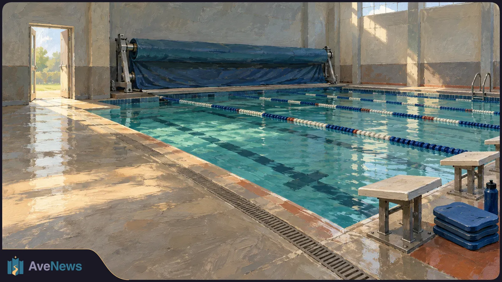 Painted indoor swimming pool with lane ropes, starting blocks, a rolled blue cover, and sunlight across the wet deck. SI illustration