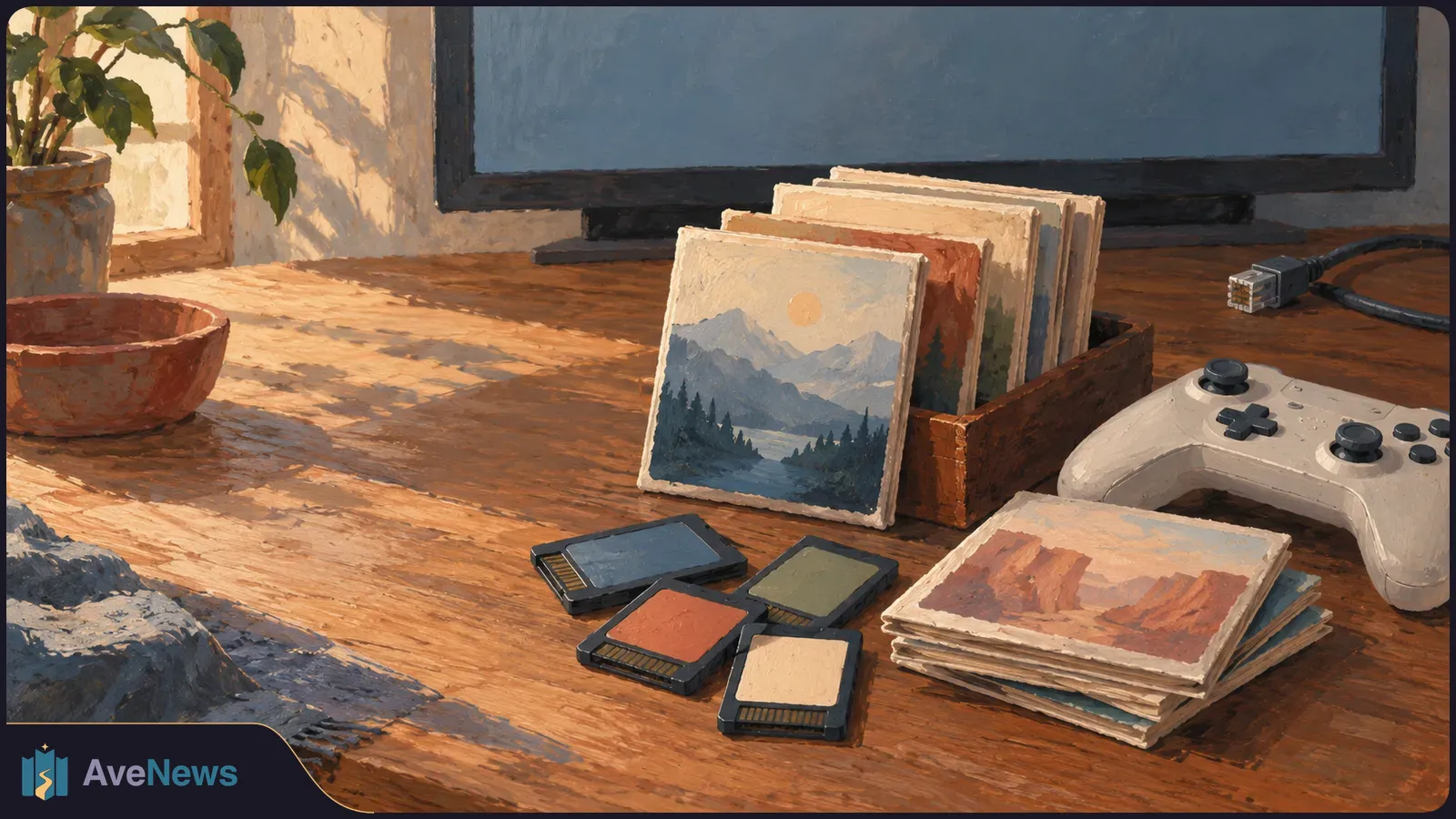 Painterly scene of a wooden desk with a blank monitor, game controller, loose cartridges, landscape picture cards, a potted plant and a bowl. SI illustration