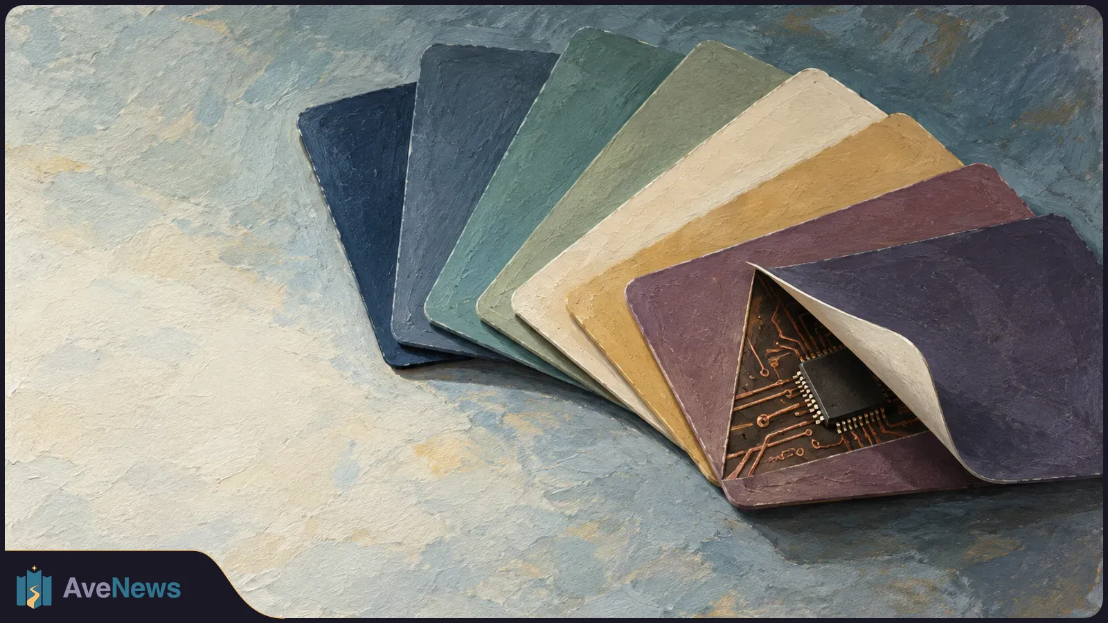 A fan of plain colour swatches on a textured surface; the corner of the front swatch curls back to reveal a circuit board and chip. SI illustration