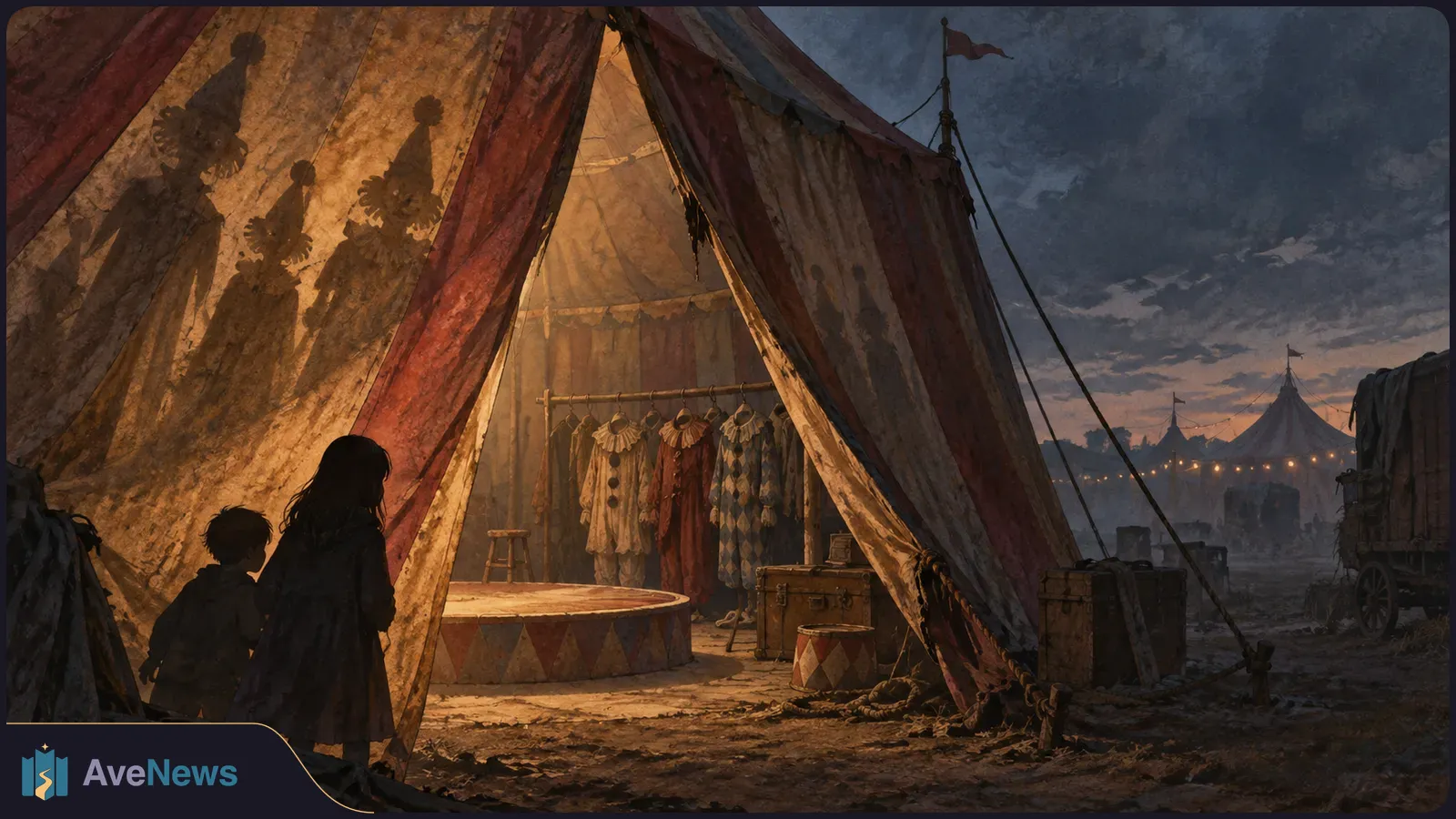A girl and younger boy peer into a glowing circus tent, where clown costumes hang beneath large clown shadows; other tents stand in the dusk beyond. SI illustration