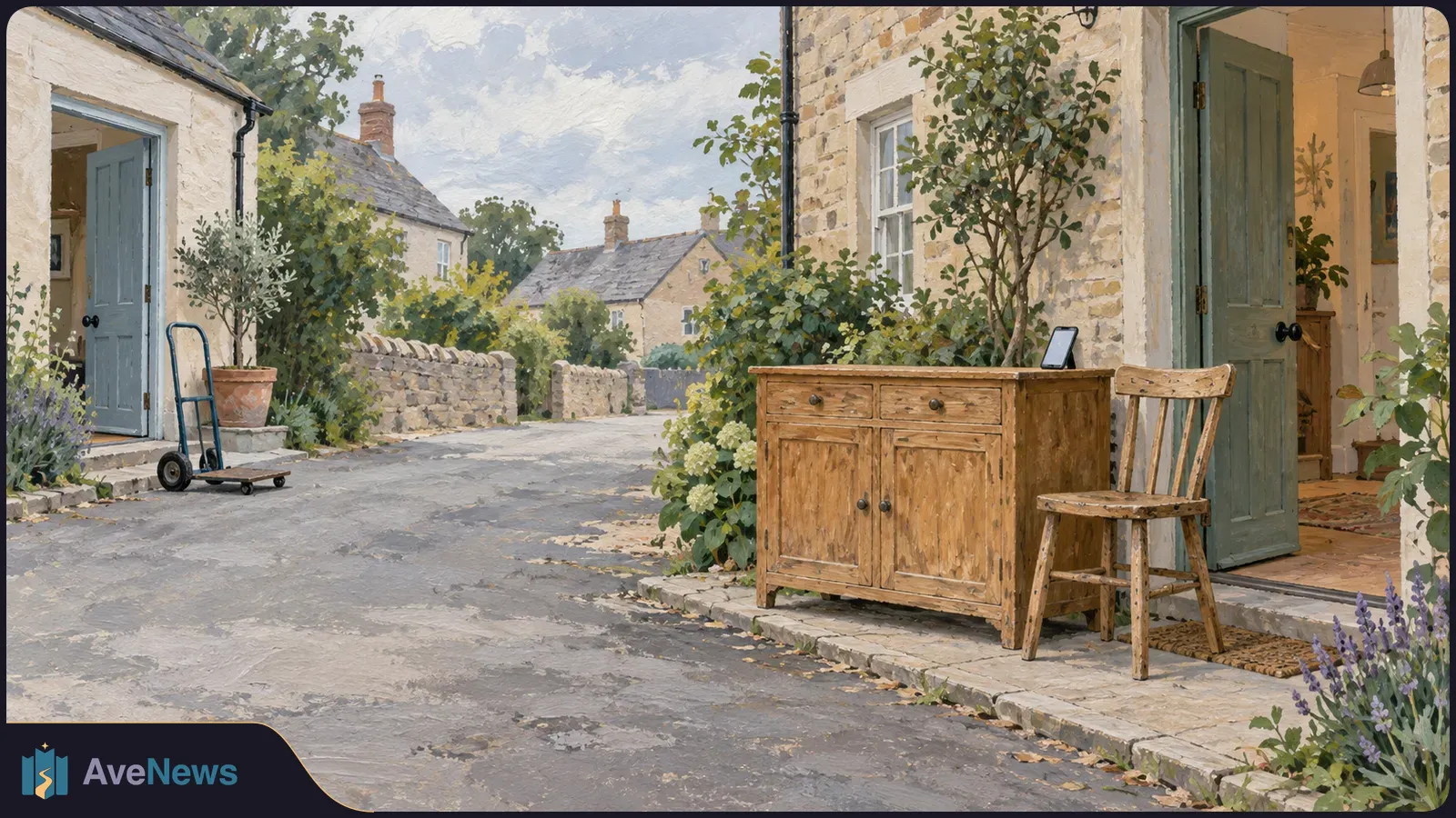 A painted stone lane with a weathered cabinet and chair outside an open doorway, a phone propped on the cabinet, and a hand truck by another door. SI illustration