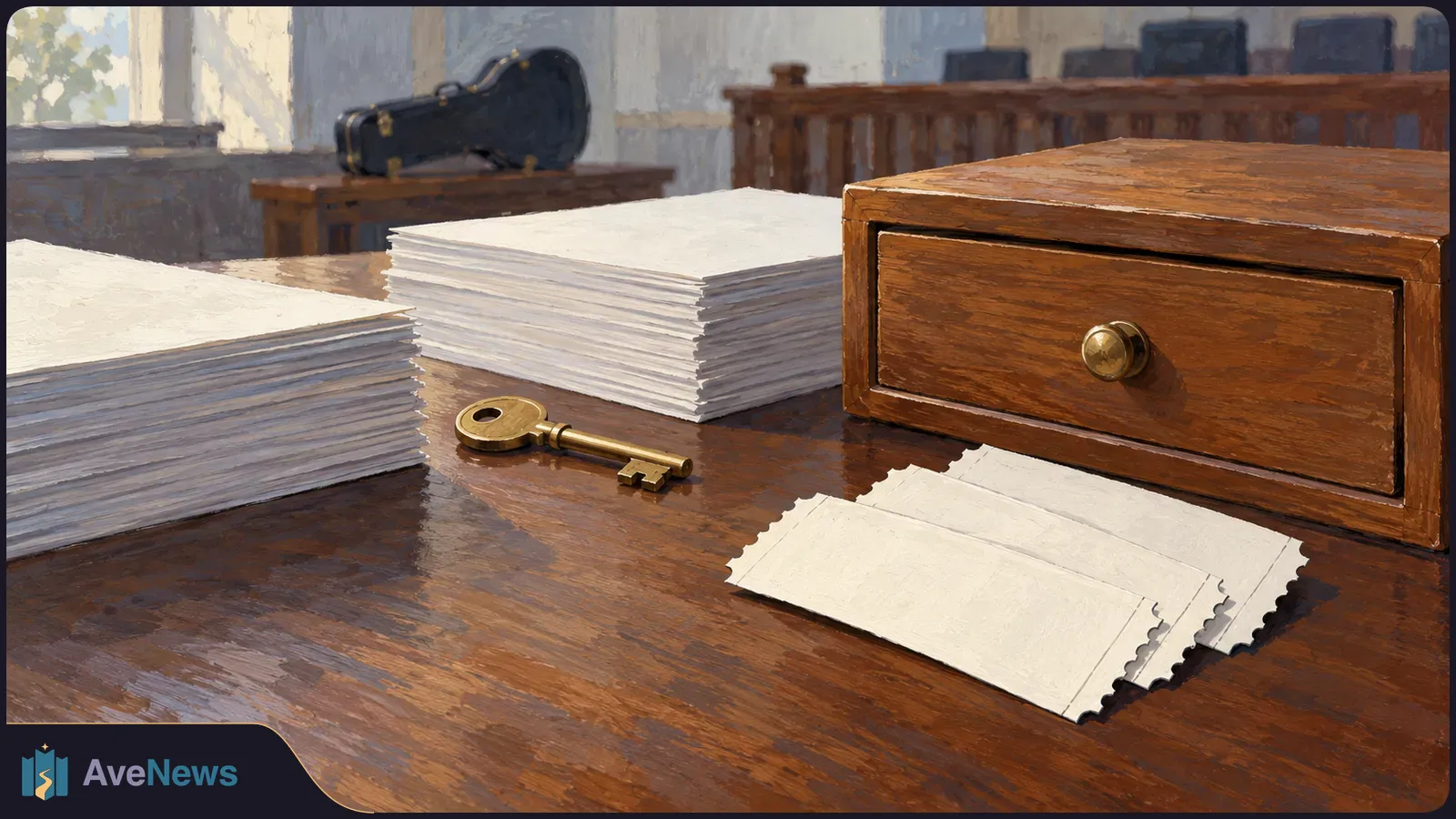 Painterly scene of paper stacks, a brass key and blank ticket-like slips on a wooden table beside a small drawer; an instrument case rests in the background. SI illustration