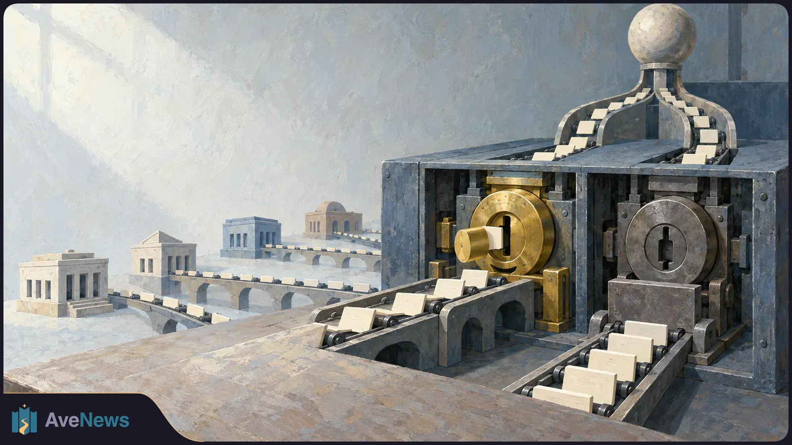 Painted scene of gold and silver locks beside conveyor belts carrying pale tiles toward small buildings linked by arches. SI illustration