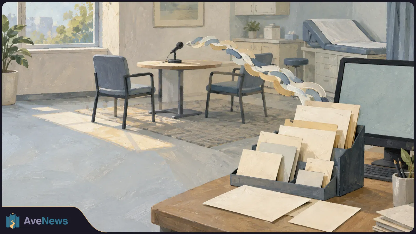 Painted medical exam room with two chairs and a microphone; ribbon-like strips lead toward folders of blank papers beside a blank monitor. SI illustration