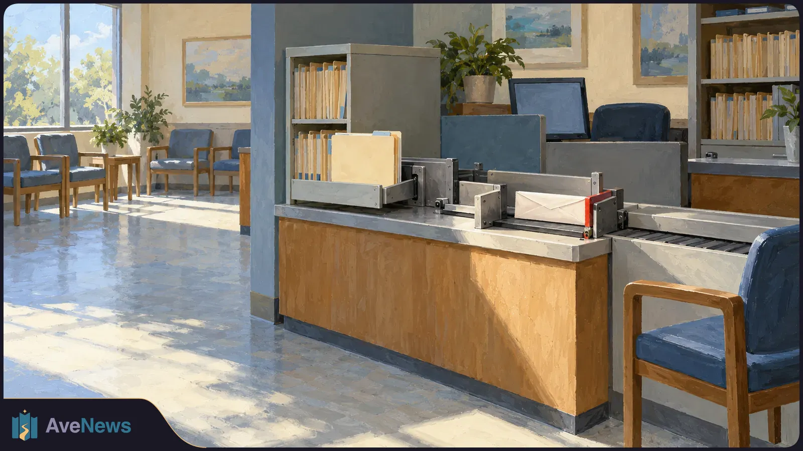 In a sunlit waiting room, a conveyor-like machine at the reception counter holds file folders and a blank envelope; blue chairs line the walls. SI illustration
