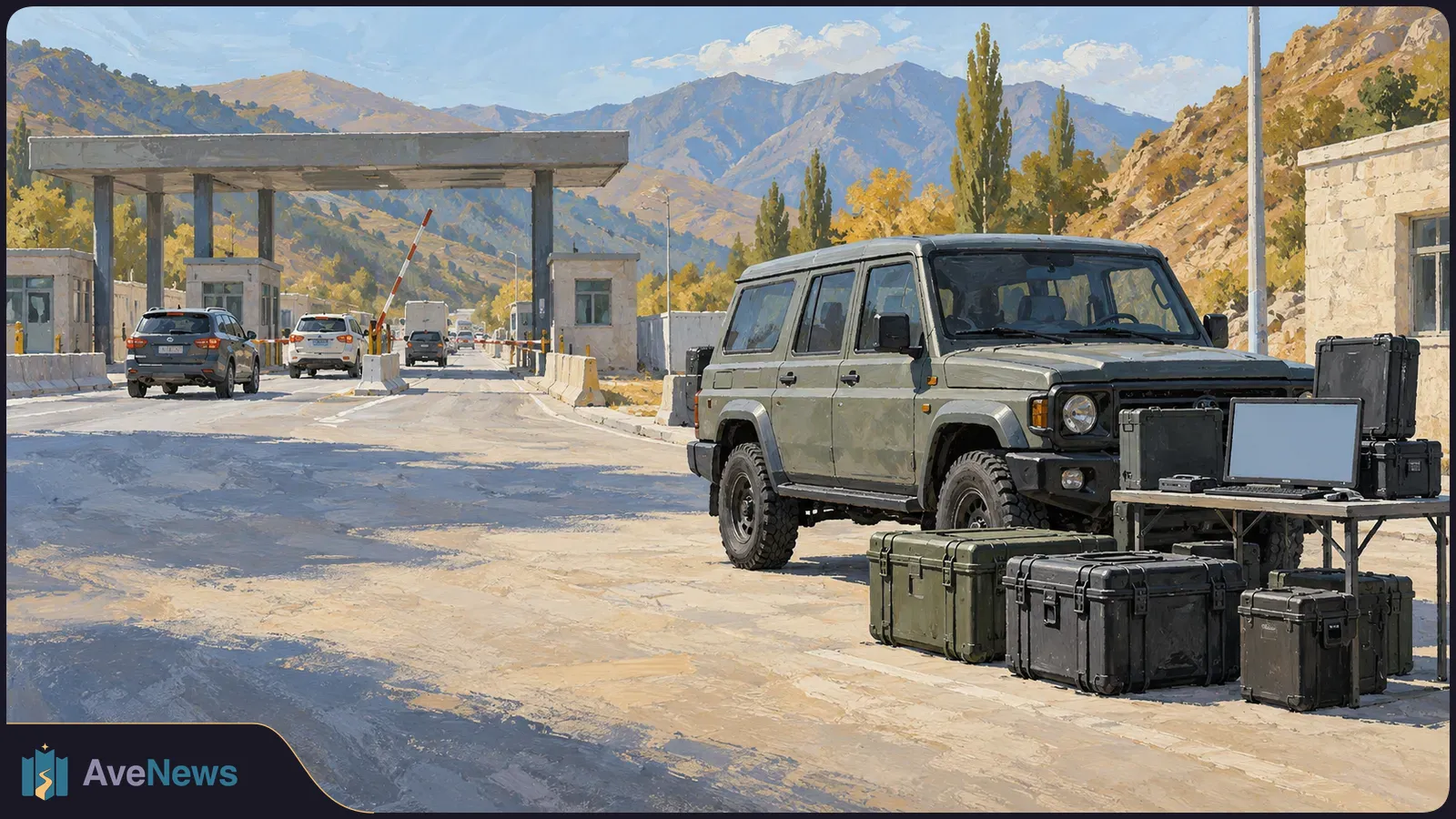 Painted scene of a mountain border checkpoint with cars passing through; an off-road vehicle stands beside equipment cases, a table and an open laptop. SI illustration