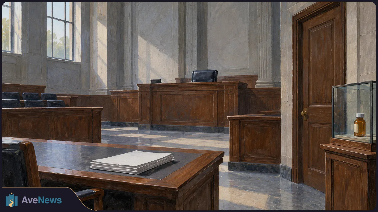 Painted empty courtroom with a judge’s bench, a stack of blank papers on a table, and an amber medicine bottle in a glass case. SI illustration