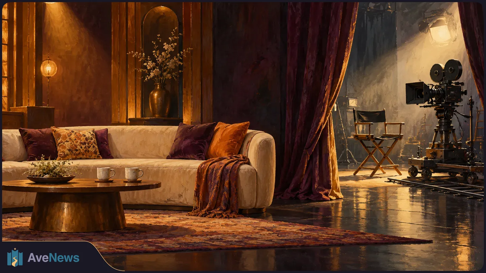 Warmly lit illustrated studio: a sofa with cushions and two mugs sits beside a film camera and director’s chair beyond a curtain. SI illustration