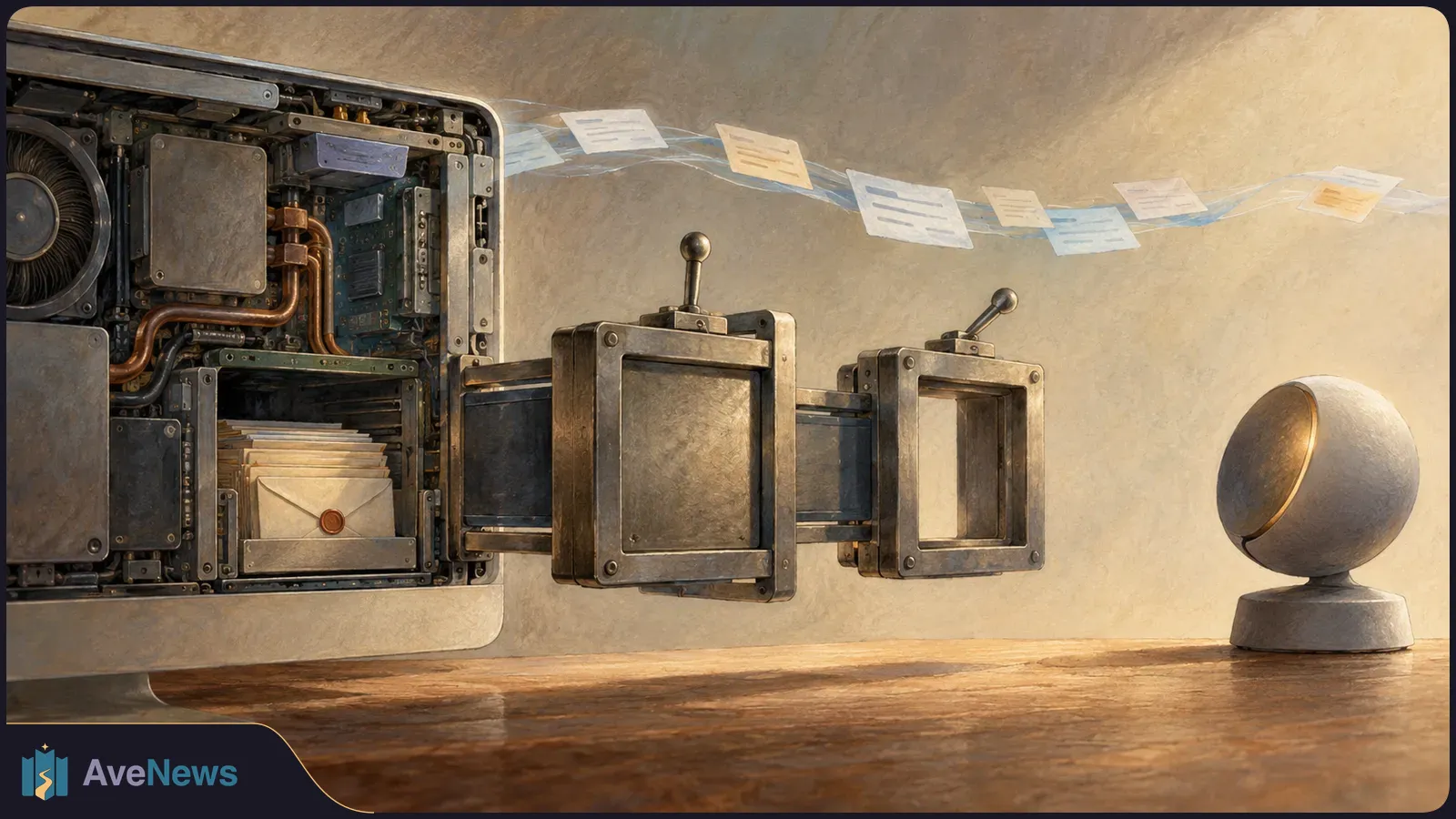 Illustration of an open computer holding envelopes, with two metal doors extending toward a globe-like sphere. Sheets float overhead. SI illustration