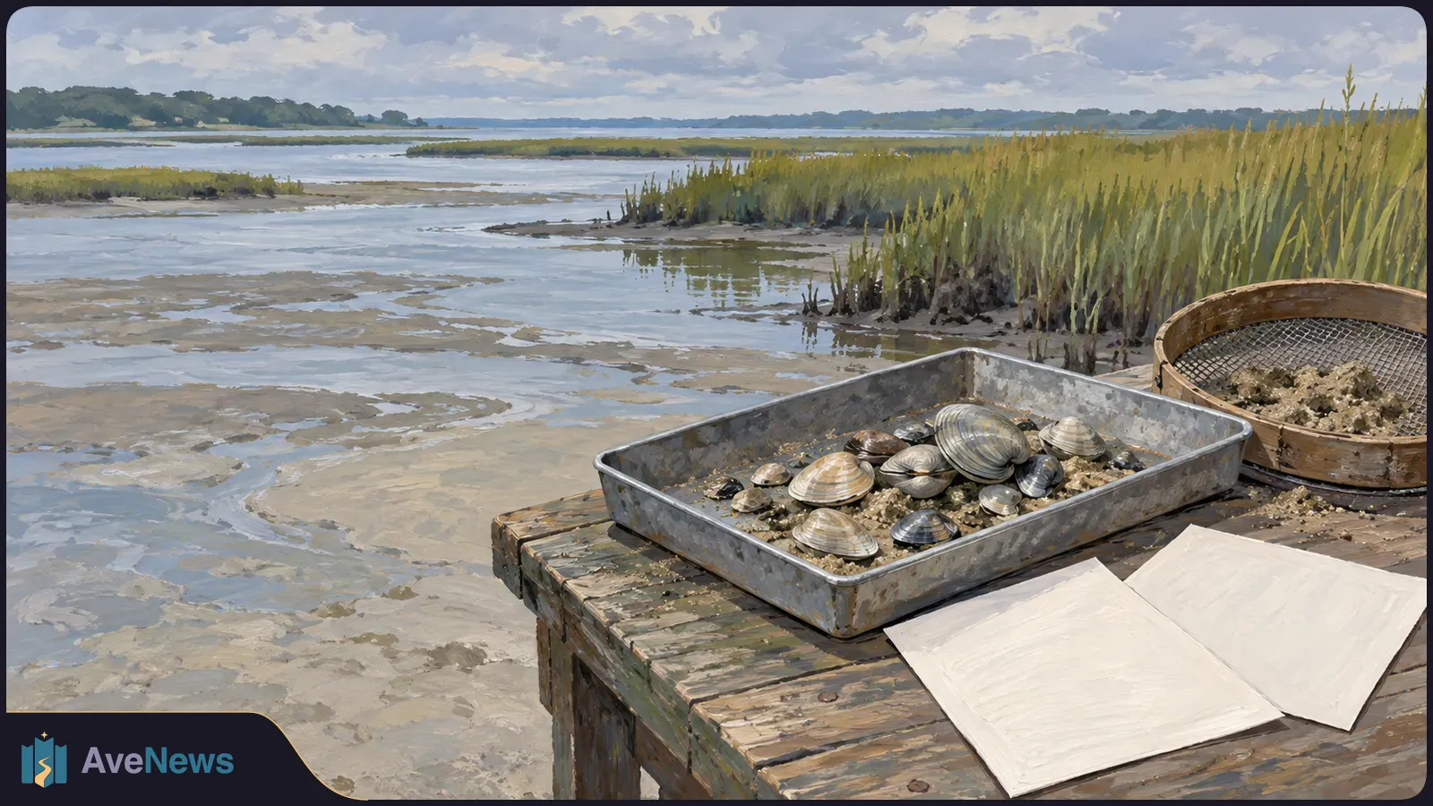 A painted coastal marsh at low tide, with clams in a metal tray, a sieve and two blank sheets on a wooden table. SI illustration