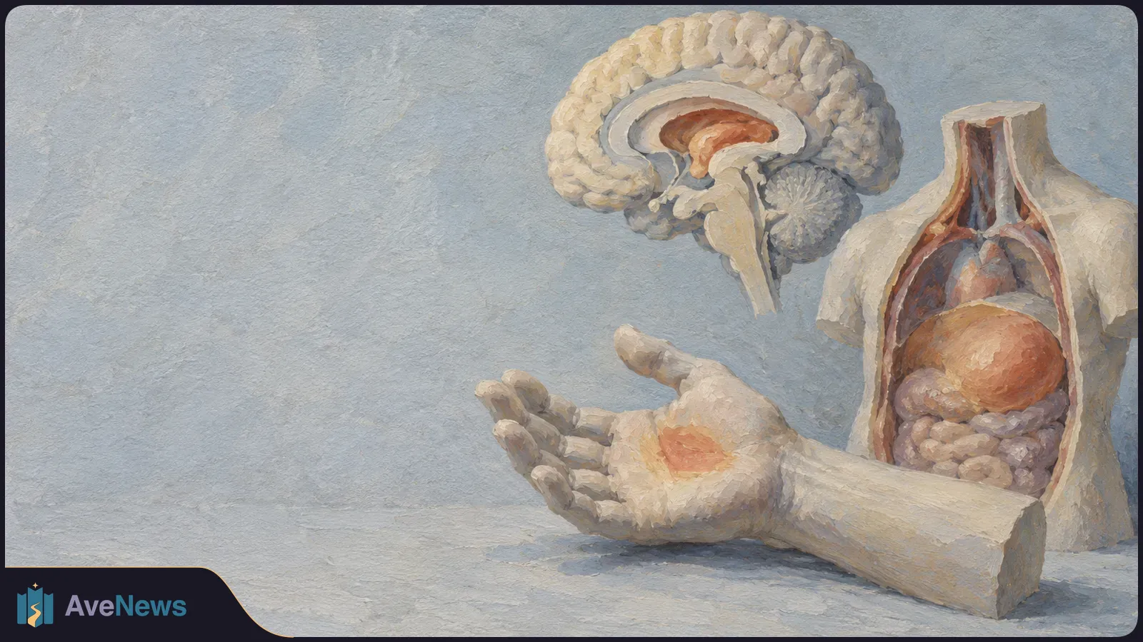 Painted anatomical illustration of a brain cross-section, an open torso showing internal organs, and an outstretched hand with a reddish patch on its palm. SI illustration