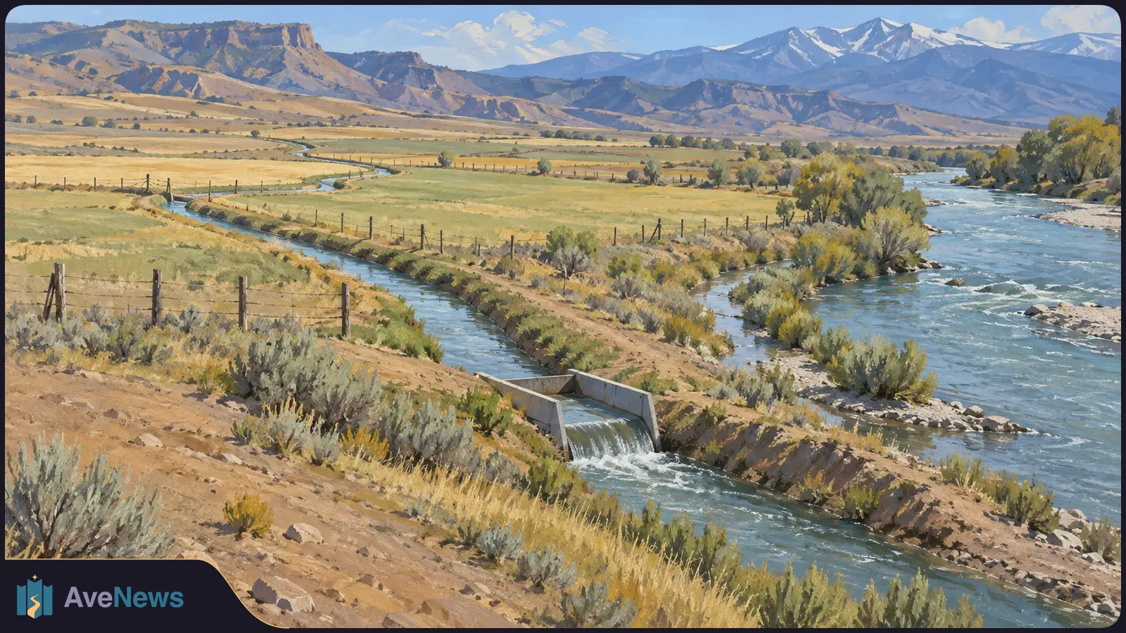 Painted landscape of an irrigation ditch flowing through fenced fields beside a broad river, with a small concrete drop, shrubs and mountains in the distance. SI illustration