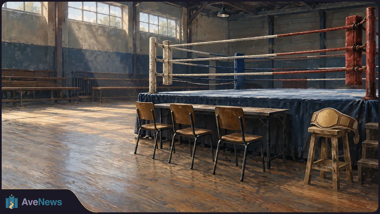 Painted view of an empty boxing ring in a sunlit gym, with three chairs beside it and a championship-style belt on a stool. SI illustration