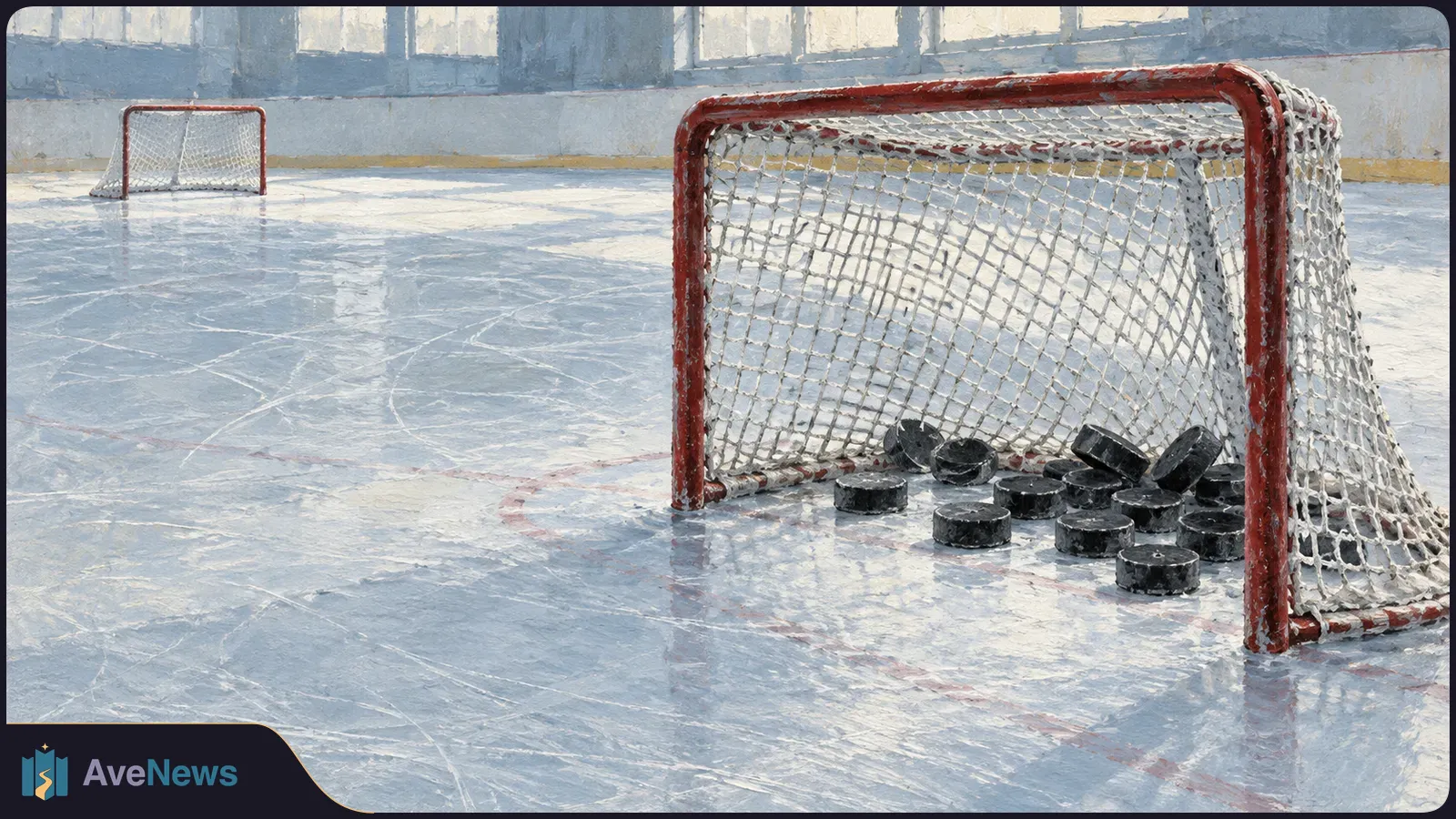 Painterly illustration of an empty ice rink with a red hockey goal full of black pucks in the foreground and a second goal in the distance. SI illustration