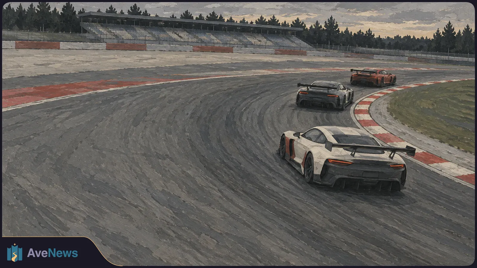 Painted view of three winged race cars rounding a sweeping track bend, with an empty grandstand and trees behind them. SI illustration