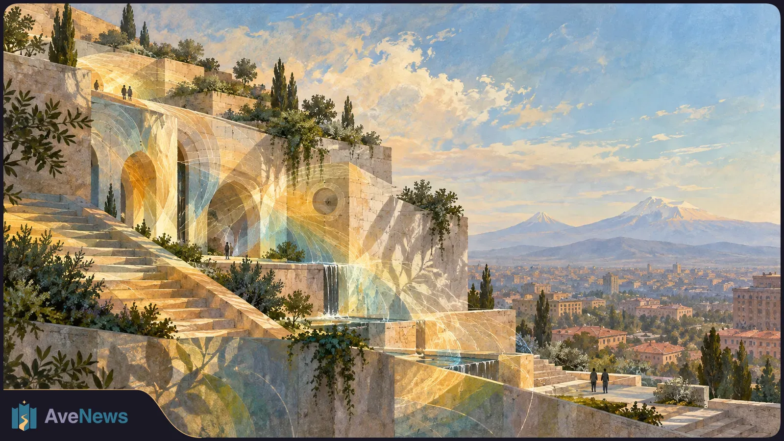 Sunlit stone steps and arched terraces, with trees, cascading water and glowing curved lines, overlook a city and distant snowy mountains. Tiny figures walk along the terraces. SI illustration