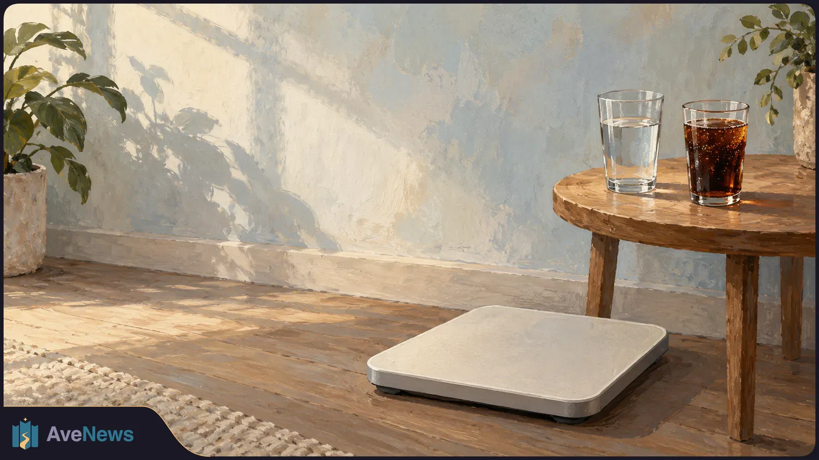A glass of water and a glass of dark fizzy drink sit on a wooden table beside a bathroom scale in a sunlit room. SI illustration