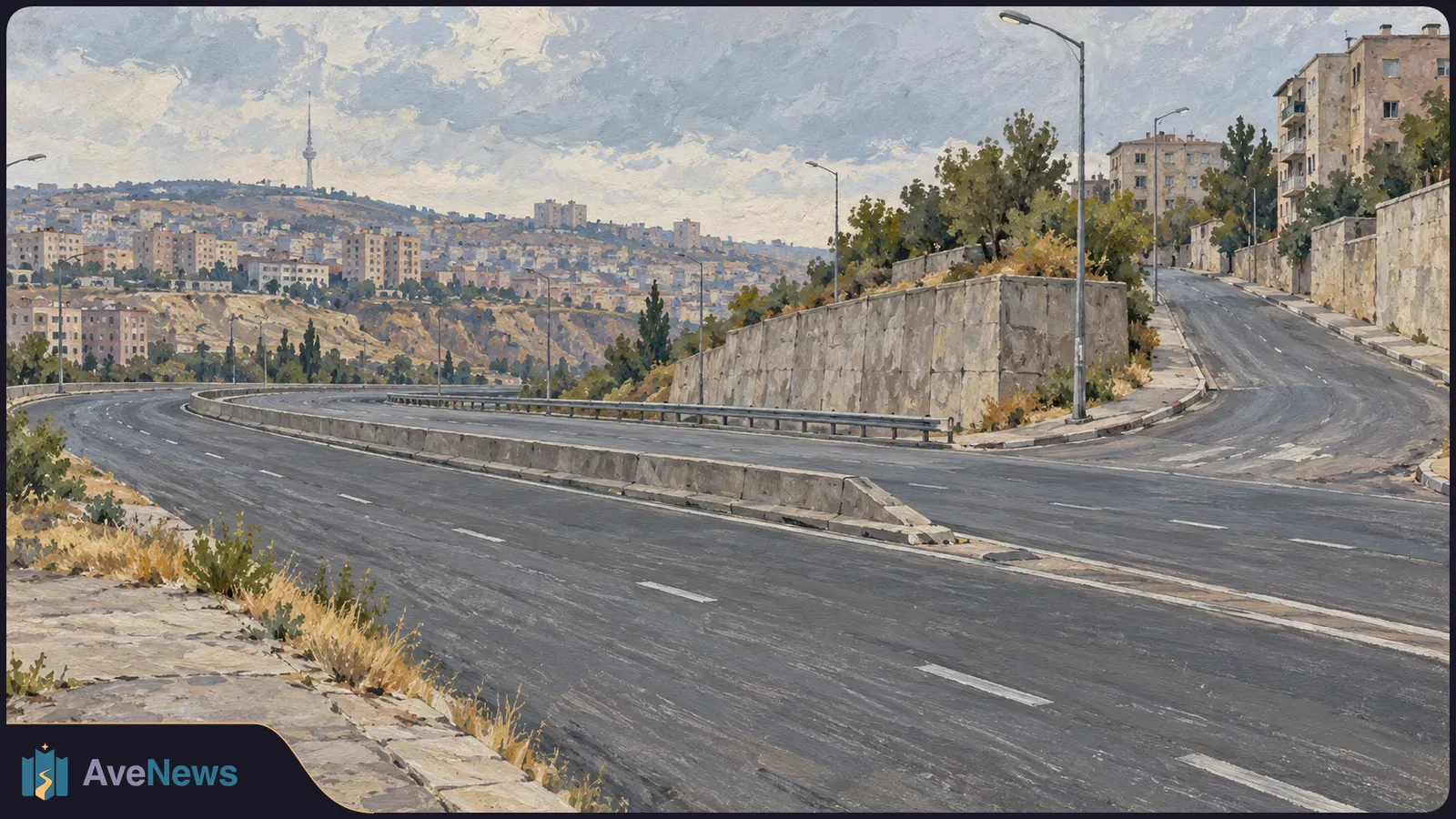 Painted view of an empty road curving around a stone wall, with apartment buildings and a tall tower on a hillside beneath a cloudy sky. SI illustration