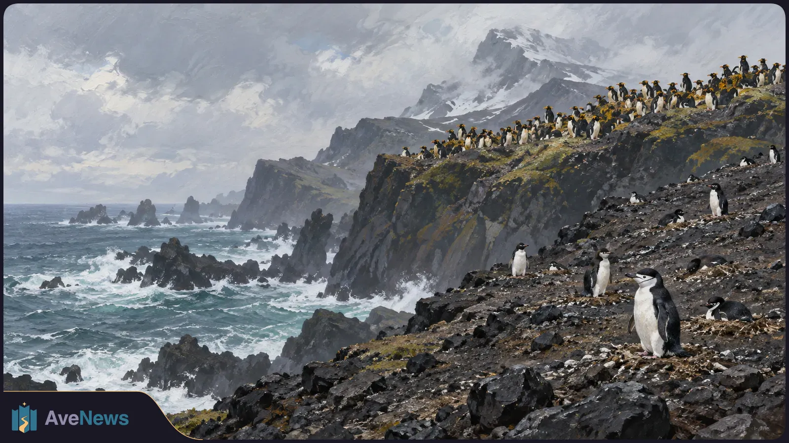 A painted coastal scene shows chinstrap-marked penguins on a rocky slope below a ridge crowded with yellow-crested penguins, with rough seas and snowy mountains behind them. SI illustration