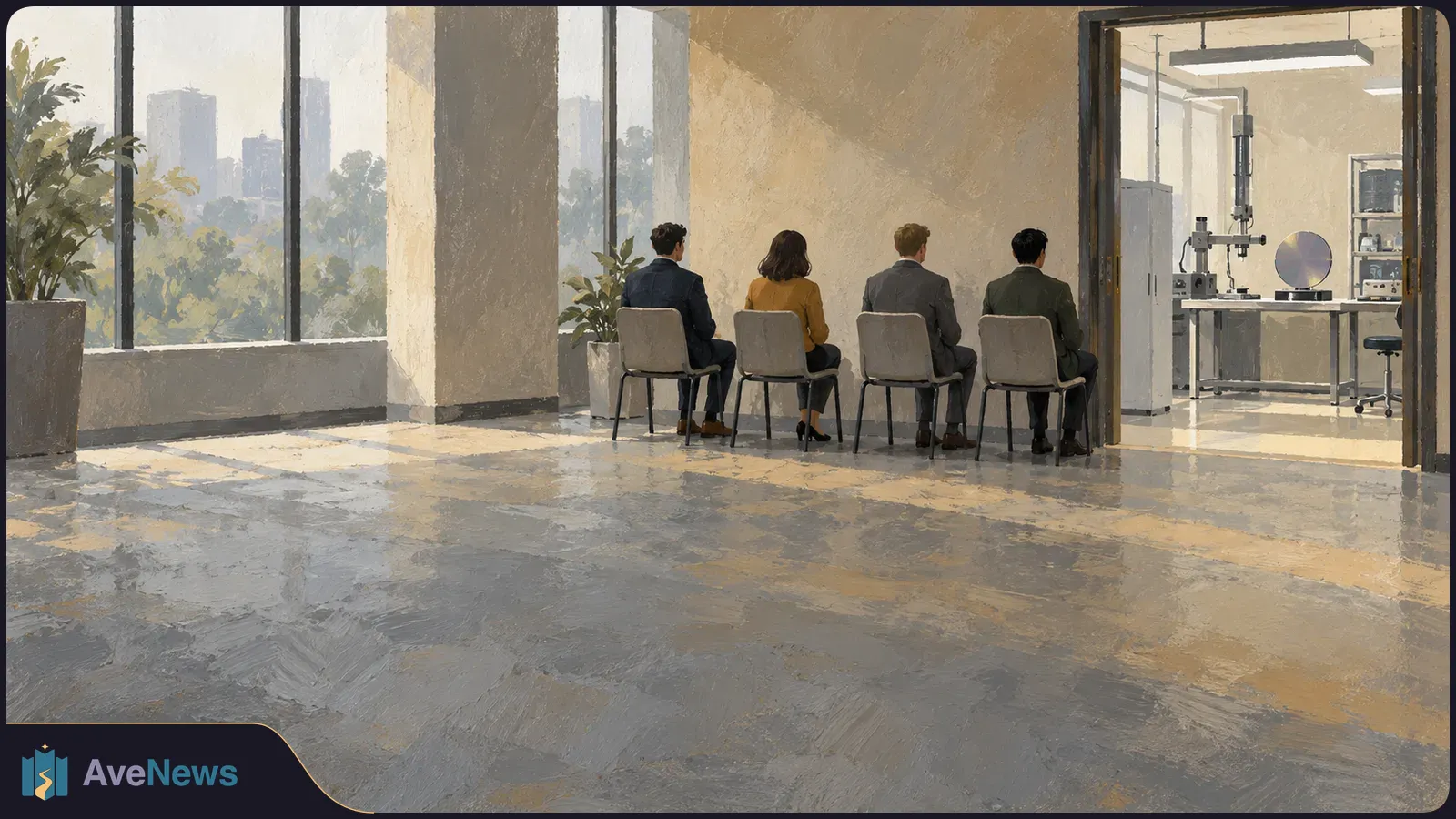 Four people, one woman and three men, sit with their backs to the viewer beside a room of laboratory equipment. Tall windows overlook trees and distant buildings. SI illustration