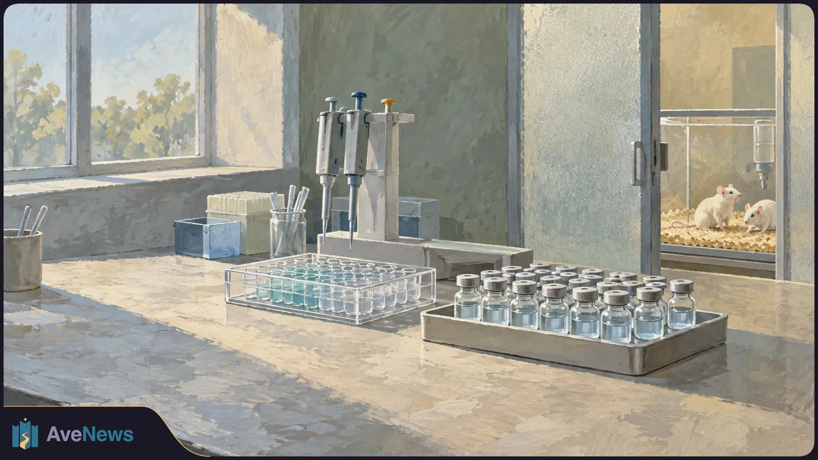 Painted laboratory bench with pipettes, racks of small tubes and vials; two white mice sit in an enclosure behind glass. SI illustration