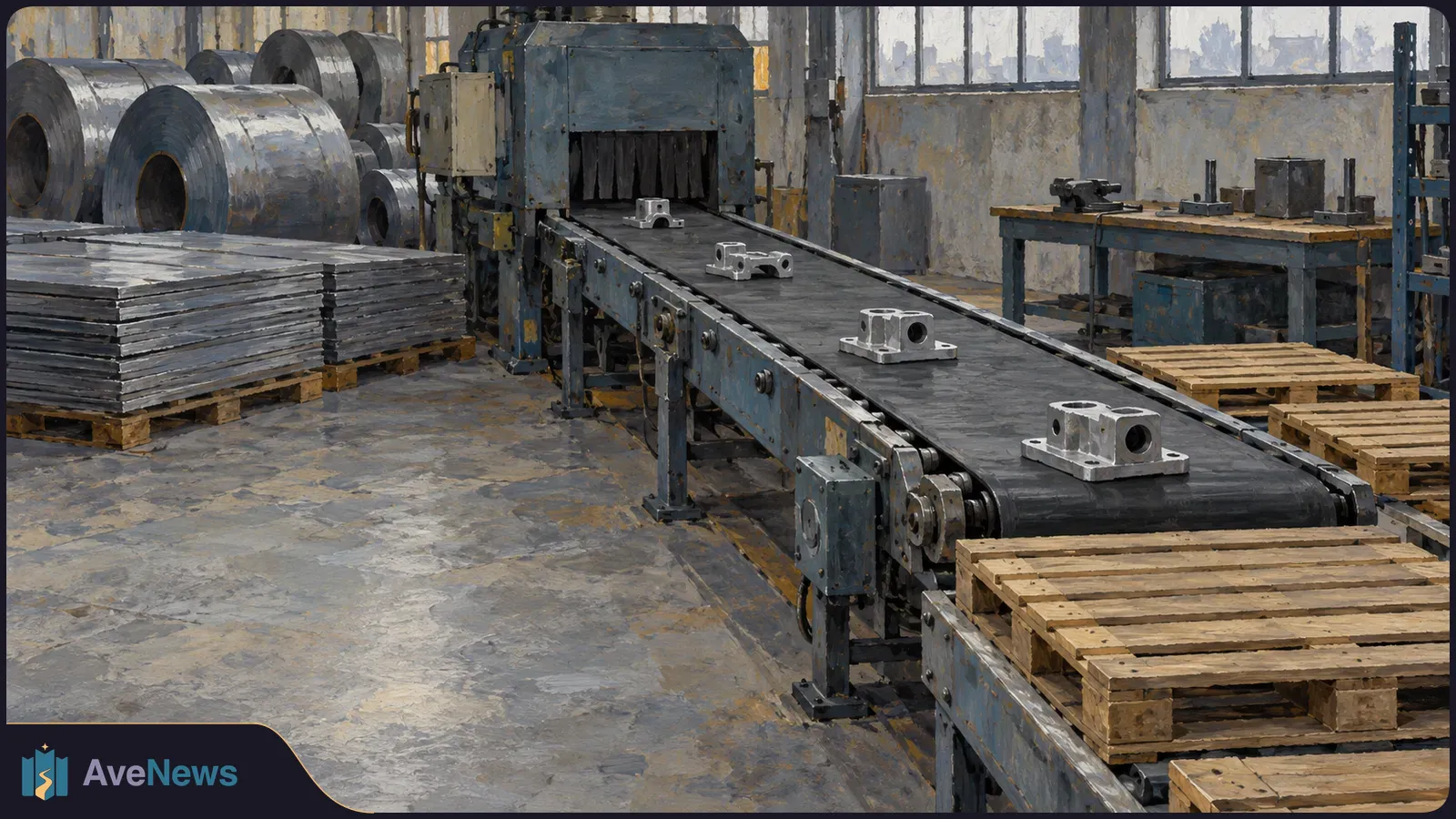 Illustration of a factory interior with metal coils and stacked sheets beside a conveyor carrying silver components; wooden pallets sit in the foreground. SI illustration