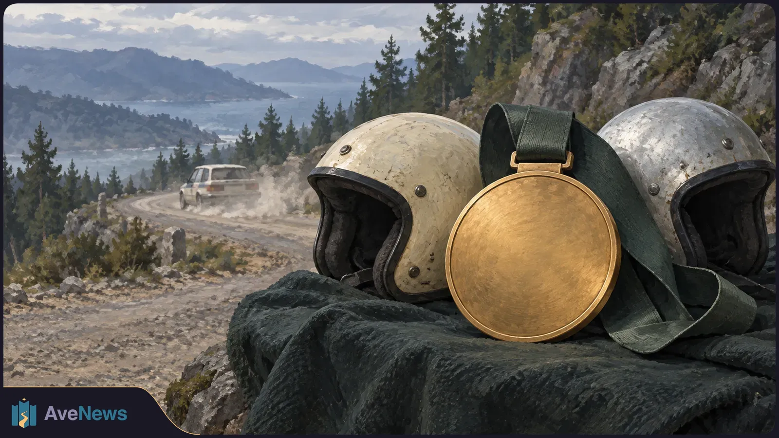 Two rally helmets and a blank gold medal rest beside a winding gravel road as a car drives away through a mountainous forest landscape. SI illustration