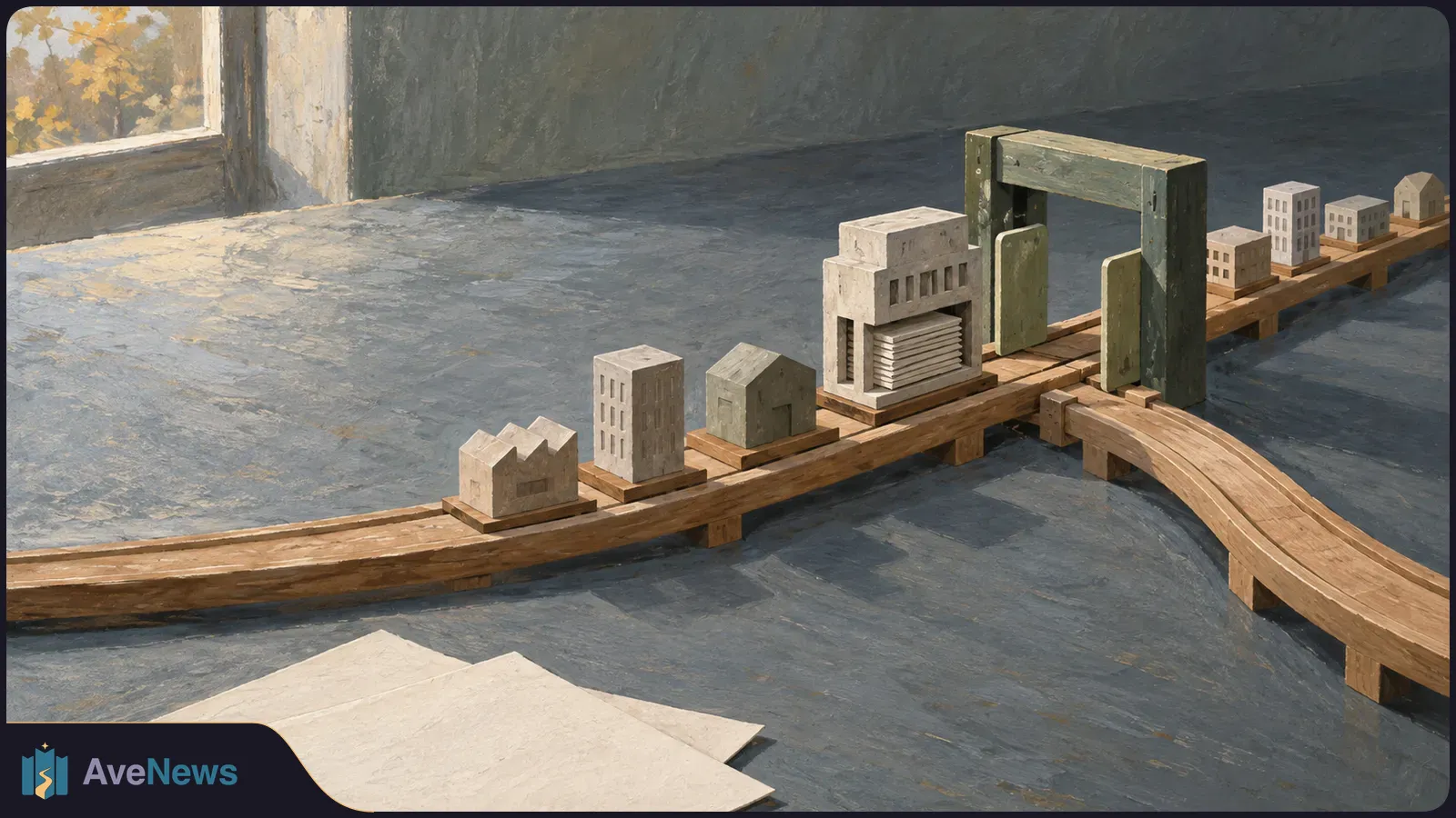 Painterly scene of small model buildings on a wooden track, with a green gate and a branch curving away; blank sheets lie in the foreground. SI illustration