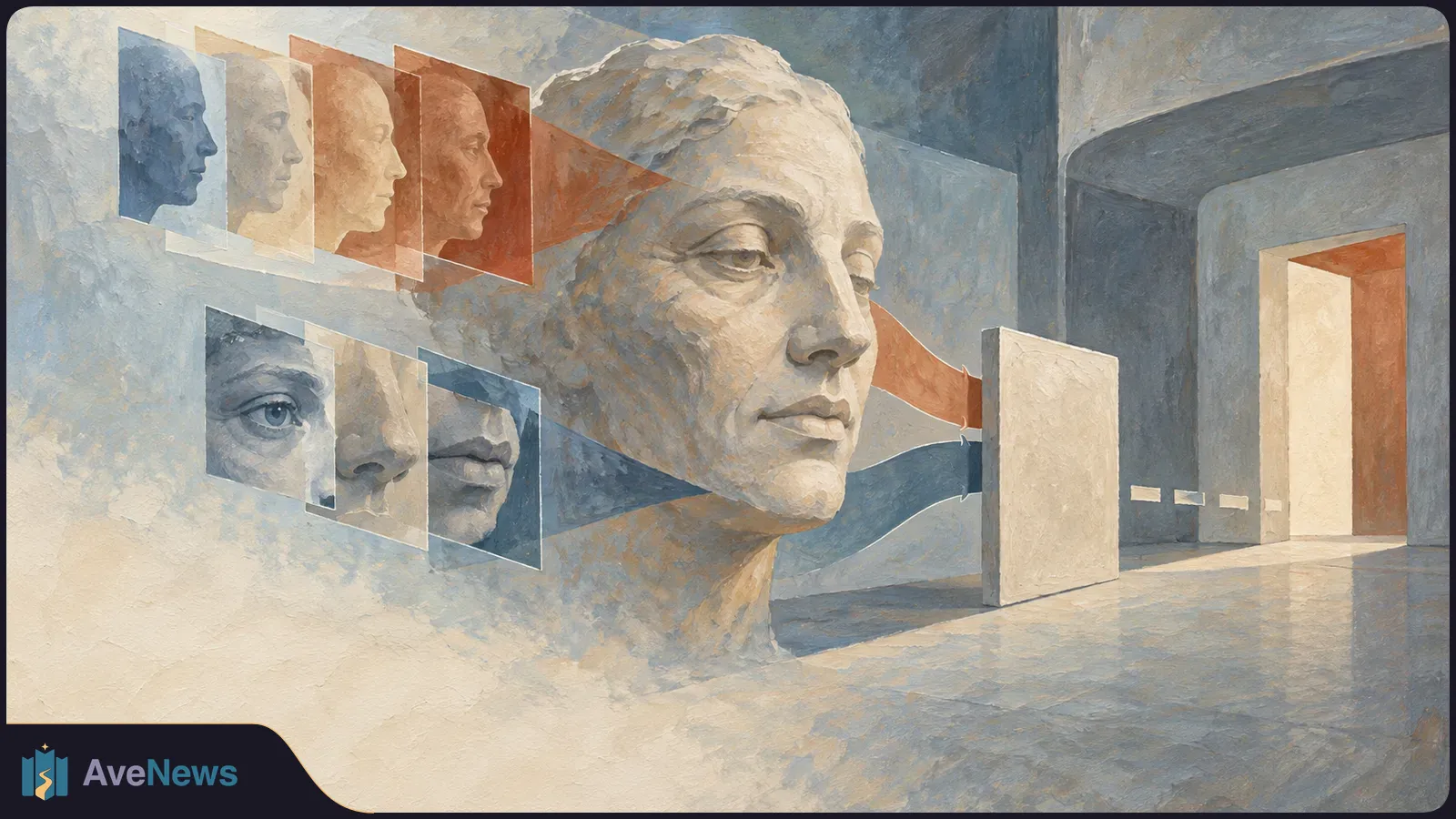 Painterly illustration of a large woman's face with translucent panels showing profiles and close-ups of facial features in a sparse gray room. SI illustration