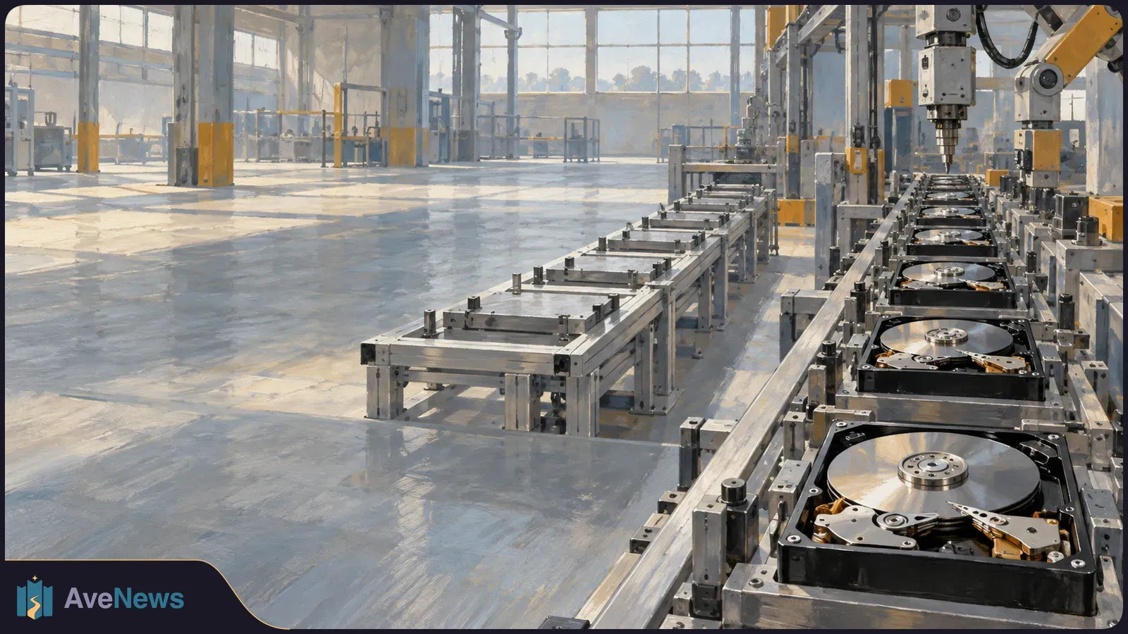 An illustrated factory line carries open hard drives beneath robotic machinery in a large, sunlit workshop. SI illustration