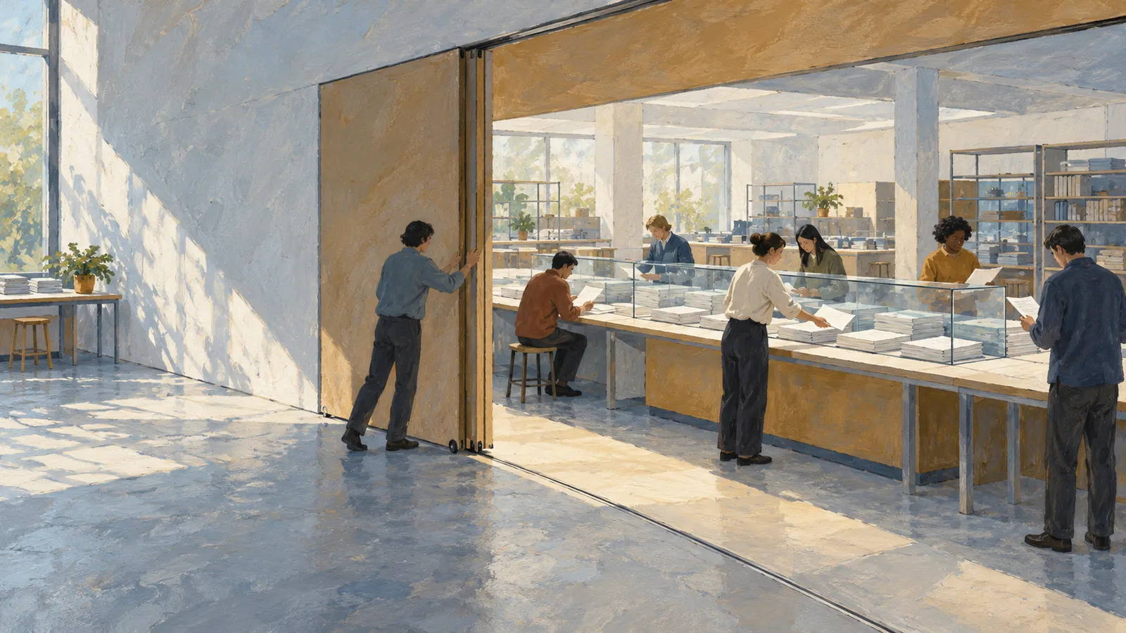 A painted scene shows people handling stacks of papers at a long glass-topped counter in a sunlit room, while another person moves a folding partition. SI illustration