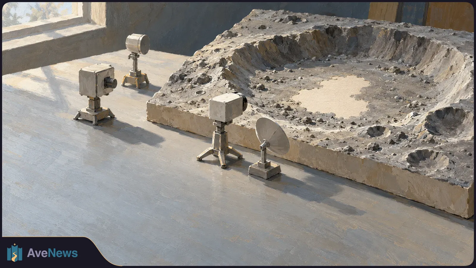 A painted scene of four small instruments on stands beside a cratered lunar terrain model in a sunlit room. SI illustration