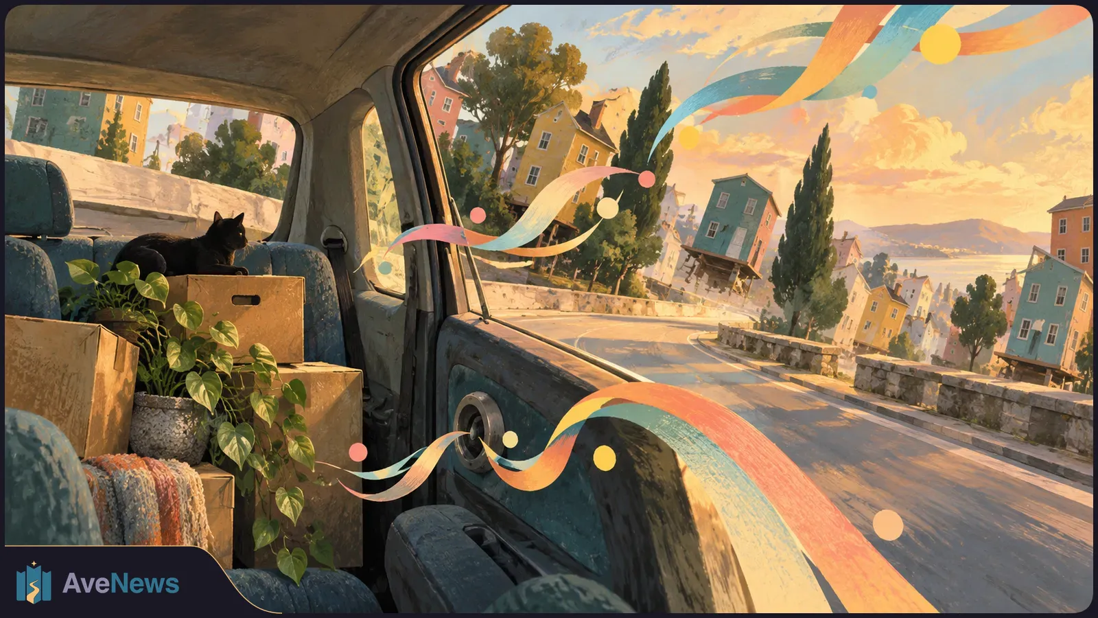 Illustration from inside a packed car: a black cat sits on a box beside a potted plant as a winding road leads through a colorful town, with bright ribbons sweeping across the view. SI illustration