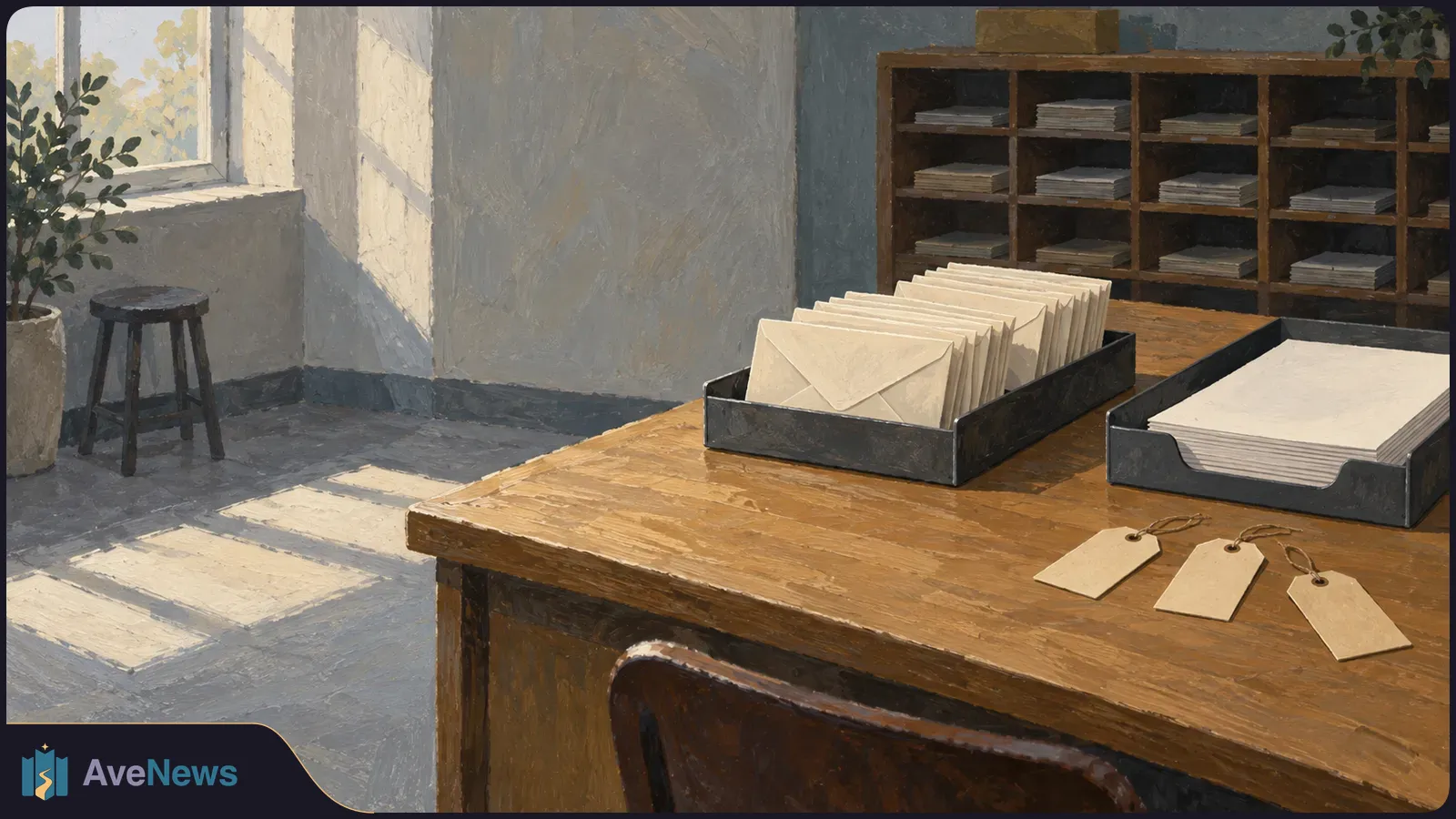 Painted, sunlit office scene with trays of envelopes and blank paper on a wooden desk, three blank tags, and shelves of stacked papers behind. SI illustration
