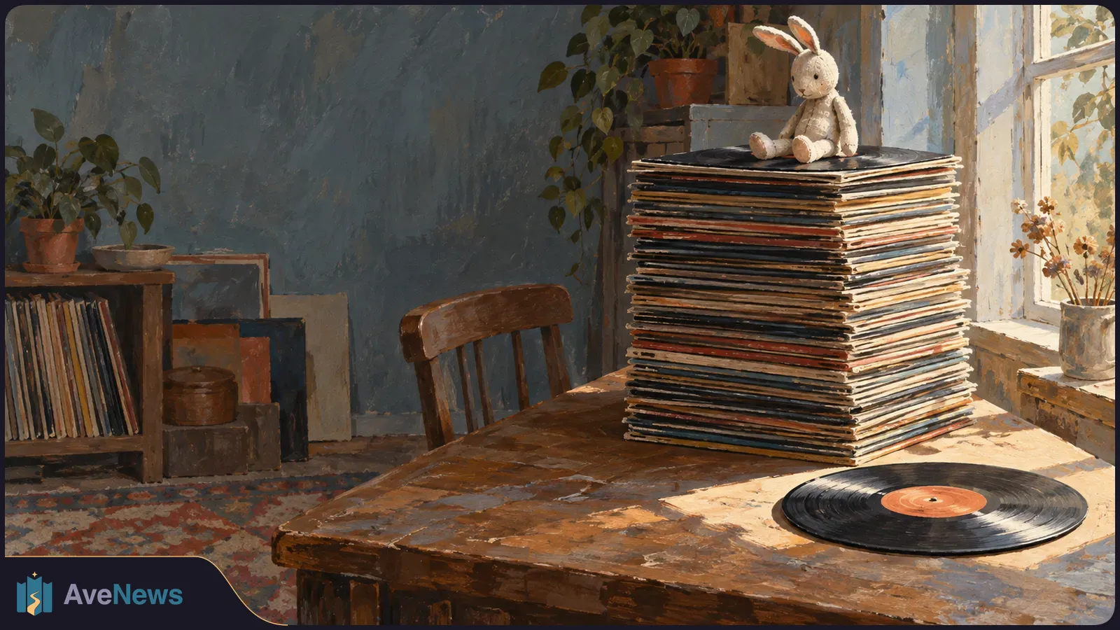 A plush rabbit sits atop a tall stack of vinyl records on a wooden table by a sunlit window. A single record lies in front. SI illustration