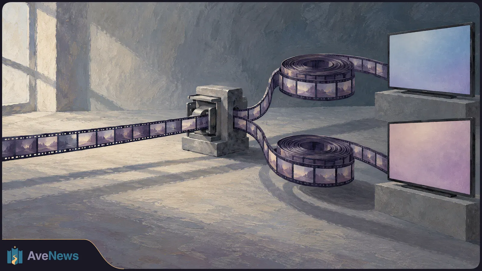 Painterly illustration of a filmstrip passing through a central machine and branching into two coiled reels beside two blank screens. SI illustration