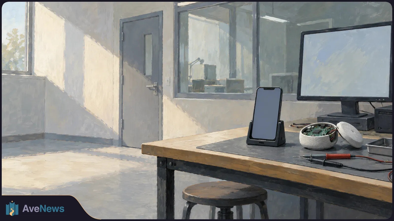A painted electronics workbench holds a phone with a blank screen, an opened smart device, test probes and a blank monitor. SI illustration