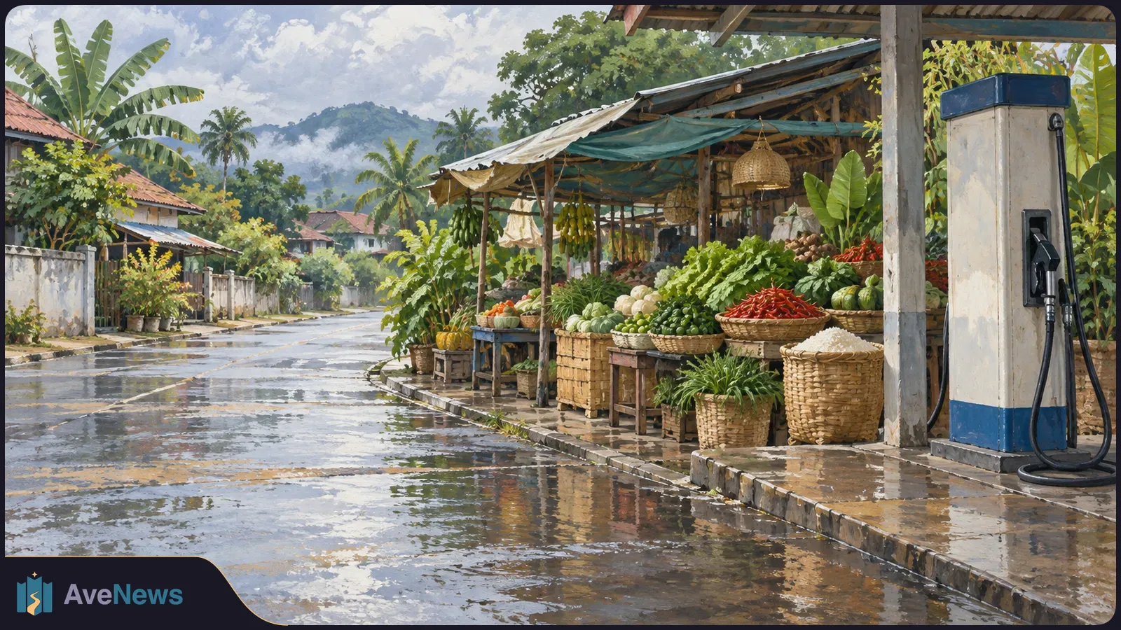 A painterly roadside scene shows a fuel pump beside a produce stall, with baskets of vegetables along a wet street lined with tropical plants. SI illustration